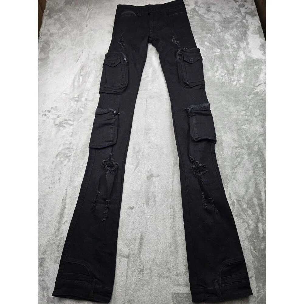 Rockstar Original RSM 225 Simon Men Black Super Stacked Flare Cargo Jeans Sz 30
